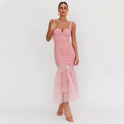 Abito Maxi Sexy Arricciato Per Donna Con Coda Di Sirena In Tulle A Più Strati Senza Maniche Party Clubwear