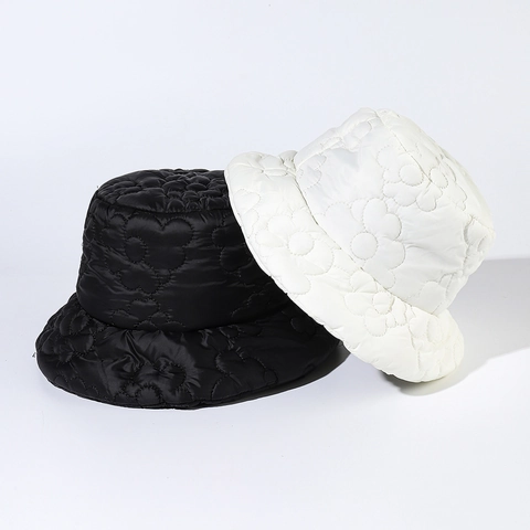 Women Quilted Flower Pattern Bucket Hat Warm Padded Winter Fisherman Hat Windproof Outdoor Solid Color Elegant