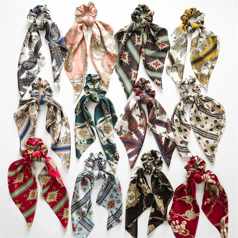Satin Scarf Scrunchies Ribbon Hair Ties Large Elastic Ponytail Holder Vintage Pattern Satin Feel Elegant Headwear Women