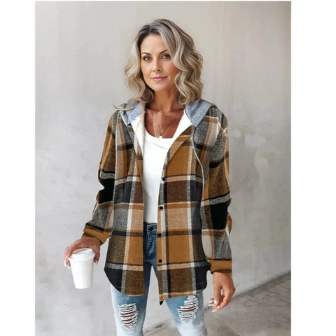 Women Plaid Hooded Jacket Casual Imitation Woolen Fabric Long Sleeve Shacket Button Down Loose Outerwear For Autumn Winter