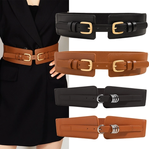 Women Wide Elastic Waist Belt PU Leather Corset Cinch Belt Double Buckle Fashion Decorative For Dresses Blazers