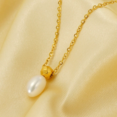 Drop Artificial Pearl Necklace Stainless Steel 18K Gold Plated Hammered Bead Elegant Water Drop Jewelry For Women