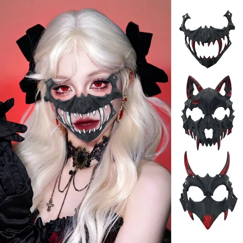 Halloween Halbmaske Horror Dämon Wolf Reißzähne Kunststoff Gothic Cosplay Party Requisiten Blutiger Geist Biest Erwachsene