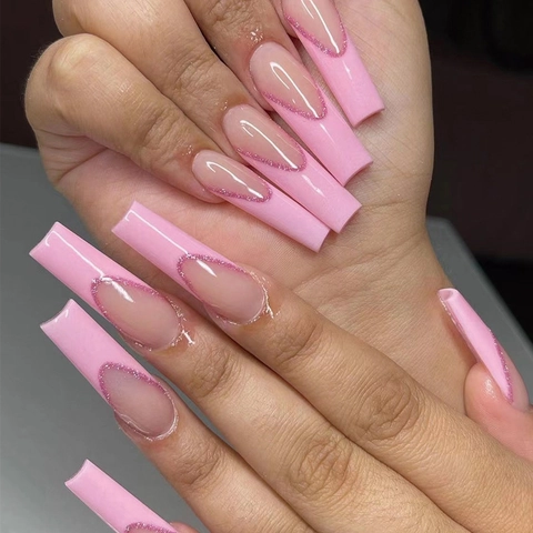Faux Ongles French Dégradé Rose Forme Cercueil Longue Bordure Scintillante Haute Brillance Ongles Artificiels