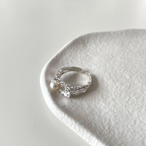 Anello In Argento Sterling 925 Con Perla Artificial E Zircone Texture Lava Irregolare Anello Aperto Minimalista Regolabile Donna