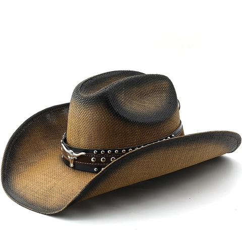 Vintage Western Cowboy Hat Straw Woven With Bull Head Metal Decor Wide Brim Sun Protection For Beach Vacation Unisex