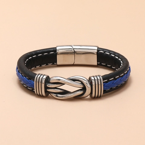 Men Braided Leather Bracelet With Stainless Steel Magnetic Clasp And Infinity Knot Trendy Punk Bicolor Wristband