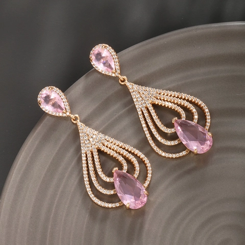 Pendientes Colgantes Geométricos de Cobre y Circonia Para Mujer Pendientes de Gota Cuadrados Rectangulares Rosas Joyería