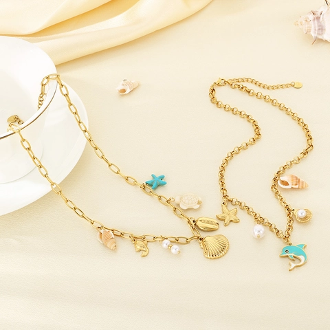 Stainless Steel Ocean Pendant Necklace Gold Plated Enamel Dolphin Starfish Shell Artificial Pearl Beach Vacation Jewelry Women