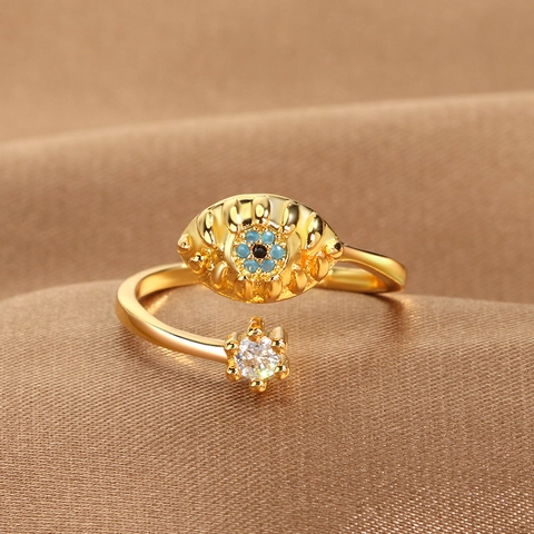 Vintage Evil Eye Open Ring For Women Gold Silver Plated Copper Zirconia Star Adjustable Statement Finger Ring Fashion Jewelry