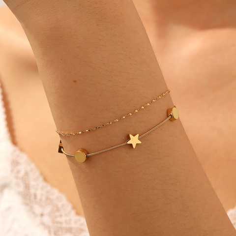 Bracelet Multi Rangs En Acier Inoxydable Plaqué Or Étoile Et Disque Rond Chaîne Serpent Bijoux Pour Femmes