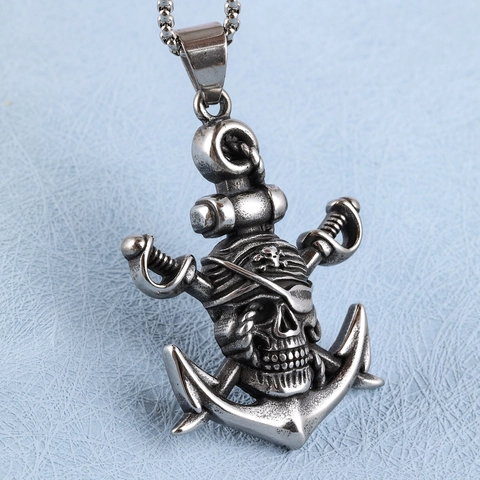 Pendente Ancora Teschio Pirata Retrò Acciaio Inossidabile 316L Monocolo Spade Incrociate Gothic Punk Biker Uomo