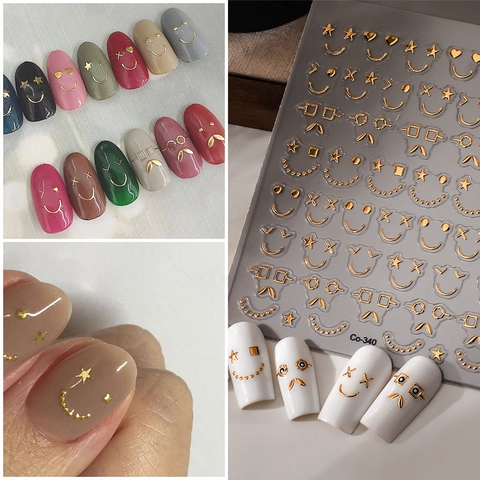 Embossed Nail Art Stickers Metallic Gold Silver Smile Face Star Heart Patterns Self Adhesive DIY Manicure Decals For Women