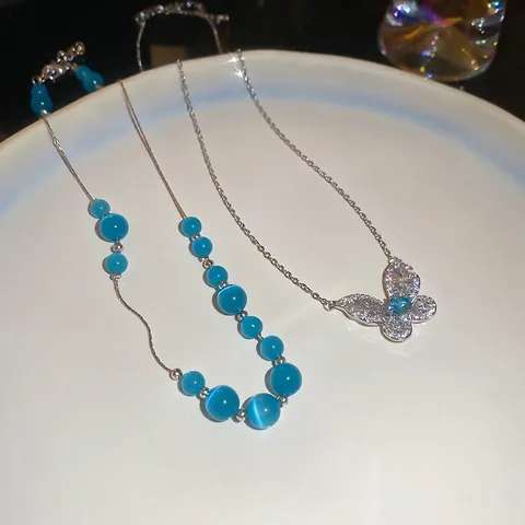 Butterfly Pendant Double Layer Necklace Copper With Zircon And Synthetic Cat's Eye Stone Clavicle Chain Jewelry Women