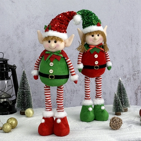 Christmas Elf Dolls Seated Long Leg Ornaments Sequined Hat Plush Stuffed Figurines For Holiday Home Tabletop Decor