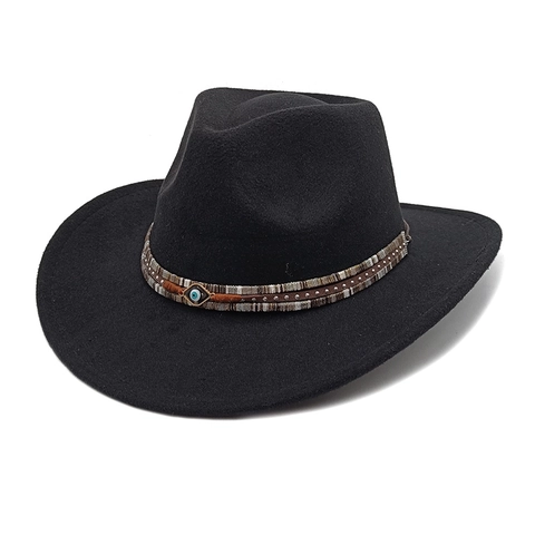 Chapeau Fedora Cowboy Western Large Bord Coton Polyester Feutre Ethnique Charme Œil De Mal Rivet Style Bohémien