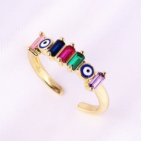 Evil Eye Verstellbarer Offener Ring Kupfer Vergoldet Rechteckiger Zirkonia Boho Mode Schmuck Geschenk Damen
