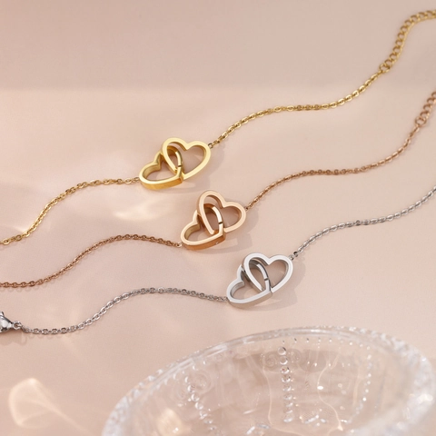 Doppel Herz Halskette Armband Fußkettchen Edelstahl Minimalistischer Romantischer Schmuck Für Frauen
