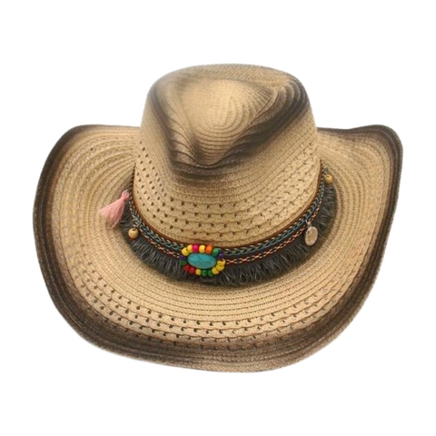 Chapeau De Cow-Boy En Paille Tissé À Bord Large Style Bohème Avec Perles De Turquoise Glands Pour La Plage Protection Solaire