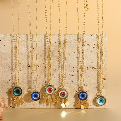 Collana Con Pendente Malocchio Rame Smalto Cuore Foglia Ciondoli Tono Oro Gioielli Bohémien Retro Per Donna