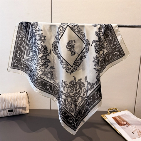 Floral Print Square Scarf Satin Faux Satin Elegant French Vintage Headscarf Neckerchief For Women