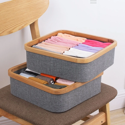 Japanese Style Underwear Storage Box With Bamboo Frame Fabric Multi Compartment Sock Organizer Drawer Divider Stackable