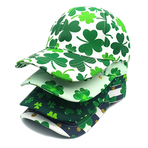 St. Patrick's Day Baseballkappe Kleeblatt-Druck Verstellbarer Sonnenhut Irisches Festival Party Grün Weiß Polyester Hut