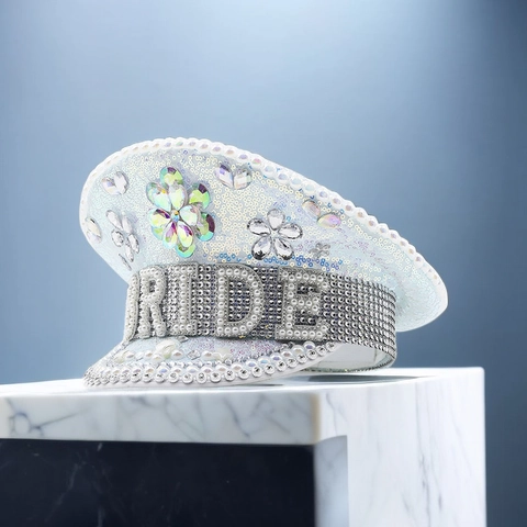 Cappello Da Capitano Sposa Bianco Strass Paillettes Cappello Militare Lettera Perla Artificial Addio Al Nubilato Matrimonio Accessorio Sposa