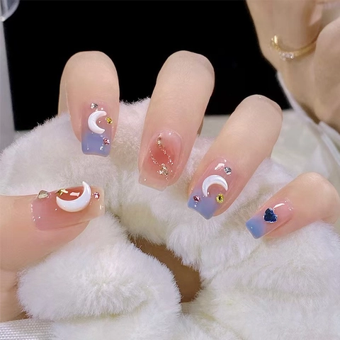 Press On Nails Gradient Pink Purple 3D White Moon Blue Heart Gem Rhinestone Sweet Ins Style Artificial Finger Nails
