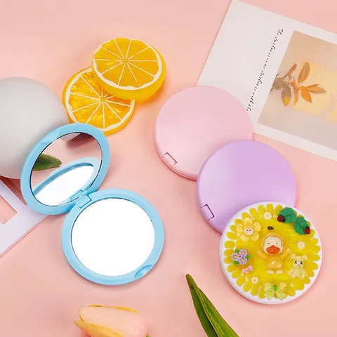 Portable Pocket Mirror Foldable Double Sided Compact Macaron Color Plastic Round Cosmetic Travel DIY Crafts Material