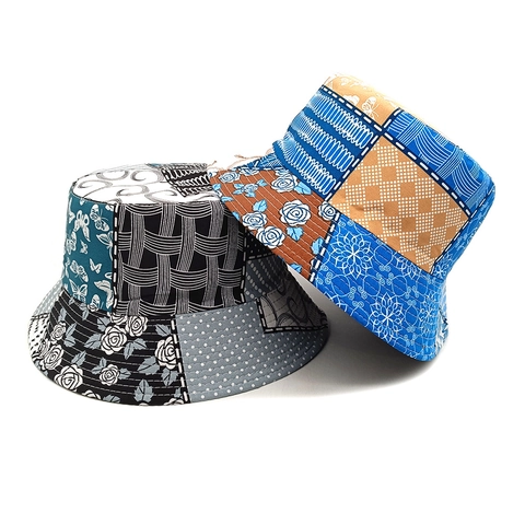 Cappello Alla Pescatora Patchwork Vintage Stampa Geometrica Floreale Poliestere Traspirante Protezione Solare Berretto Donna