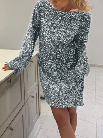 Pailletten Mini Jurk Elegant Lange Mouwen Open Rug Grote Strik Party Cocktail Slim Fit Dames Glinsterend