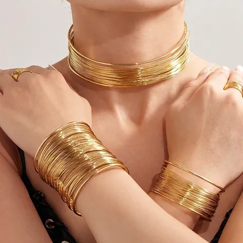 Handgemaakte Wikkelende Draad Geborstelde Choker Armband En Ring Sieraden 18K Verguld Roestvrij Staal Overdreven Voor Vrouwen
