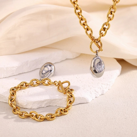 Stainless Steel Necklace And Bracelet Two Tone Gold Silver Peanut Pendant OT Buckle Thick O Chain Fashion Women