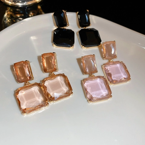 Geometric Square Dangle Earrings Alloy Artificial Crystal With Silver Earring Post Elegant Retro Style For Women