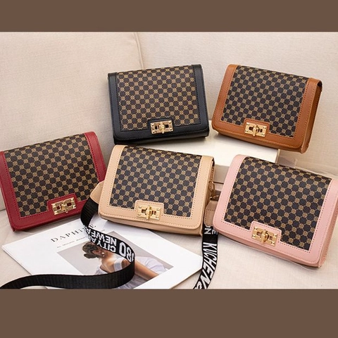 Vintage Monogram Crossbody Bag For Women PU Leather Small Square Bag With Wide Webbed Letter Strap Metal Lock Fashion
