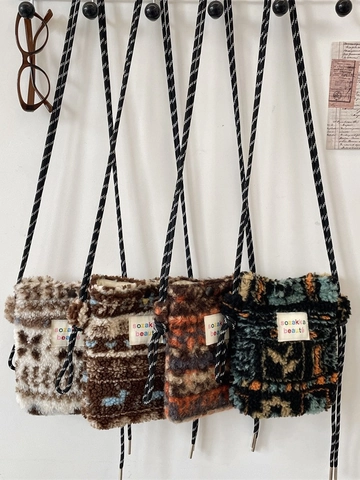 Plush Crossbody Phone Bag For Women Sherpa Retro Shoulder Pouch With Geometric Pattern Winter Casual Adjustable Strap