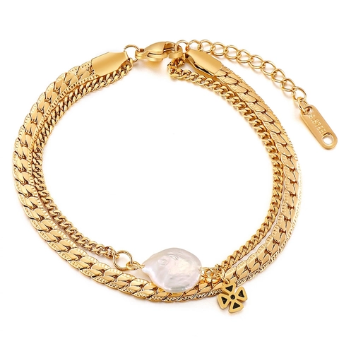 Bracelet Double Couche En Acier Inoxydable Avec Künstliche Perle Baroque Et Pendentif Fleur Ajourée Bijoux Tendance Pour Femmes