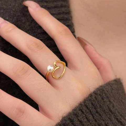 Minimalist Heart Open Ring 925 Sterling Silver Artificial Pearl Adjustable Korean Style Fashion Jewelry For Women