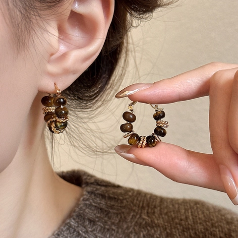 Kupfer Tigerauge Stein Perlen Ohrringe Mit Silver Earring Post Vintage Runde Reifen Retro Schmuck Für Frauen