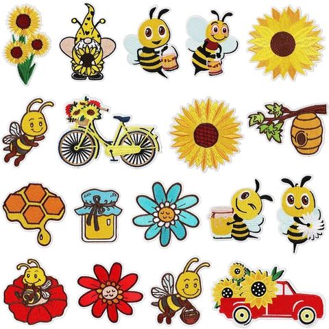 Toppe Ricamate Girasole Ape Cartone Animato Da Stirare Da Cucire Applicazioni Decorative Per Vestiti Borse Fai Da Te