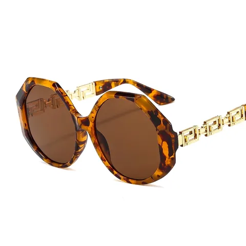 Lunettes De Soleil Polygonales Surdimensionnées Rétro Luxe Motif Grec Branches En Métal Verres PC Protection UV