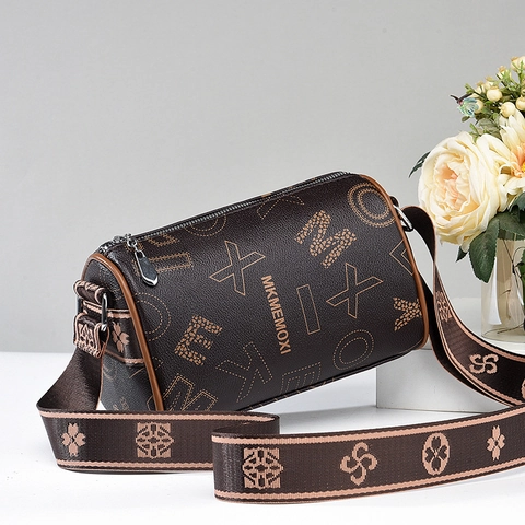 Fashion Women Cylinder Boston Bag PU Leather Letter Print Crossbody Shoulder Purse Wide Strap Casual Travel