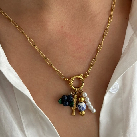 Retro Charm Necklace 18K Gold Plated Stainless Steel Paperclip Chain With Fruit Artificial Pearl Ceramic Pendant For Women