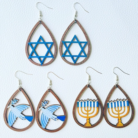 Orecchini In Legno Hanukkah Forma Goccia Con Ganci In Metallo Menorah Stella Di David Colomba Gioielli Religiosi Per Donna