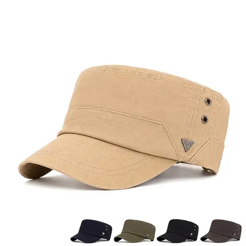 Berretto Cadet Uomo Cotone Parte Superiore Piatta Cappello Militare Vintage Lavato Regolabile Protezione Solare