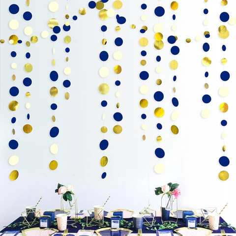 Paper Circle Garland Navy Blue Gold Metallic Hanging Dot Banner For Graduation Party Birthday Wedding Background Decor