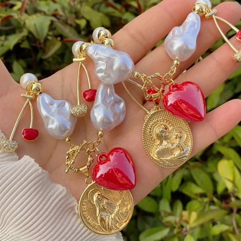 Copper 18K Gold Plated Multilayer Necklace Cubic Zirconia Imitation Artificial Pearl Red Heart Cherry Pendants Retro Sweet Jewelry