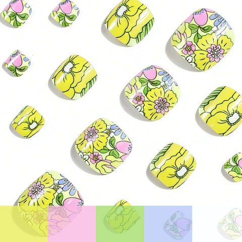 Toe Press On Nails Glossy Short Square Floral Pattern Yellow ABS Artificial Toenails For Women Summer Style