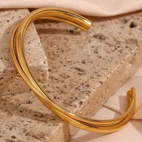 Brazalete Abierto Entrelazado Minimalista Acero Inoxidable Chapado En Oro De 18K Joyería De Moda Para Mujeres